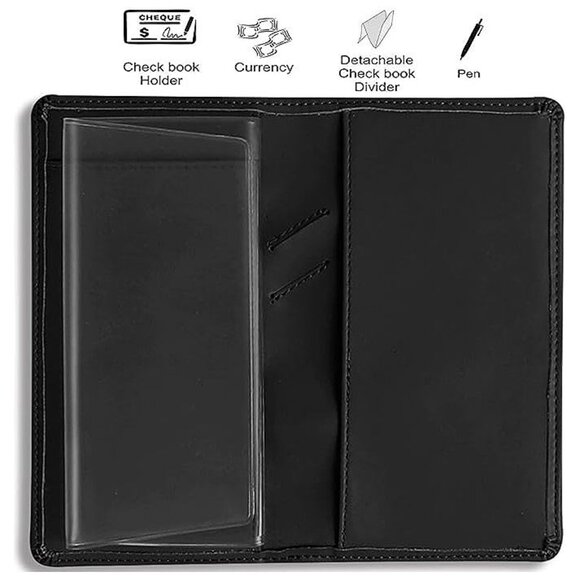Leather Checkbook Cover for Men and Women Black - Picture 3 of 7